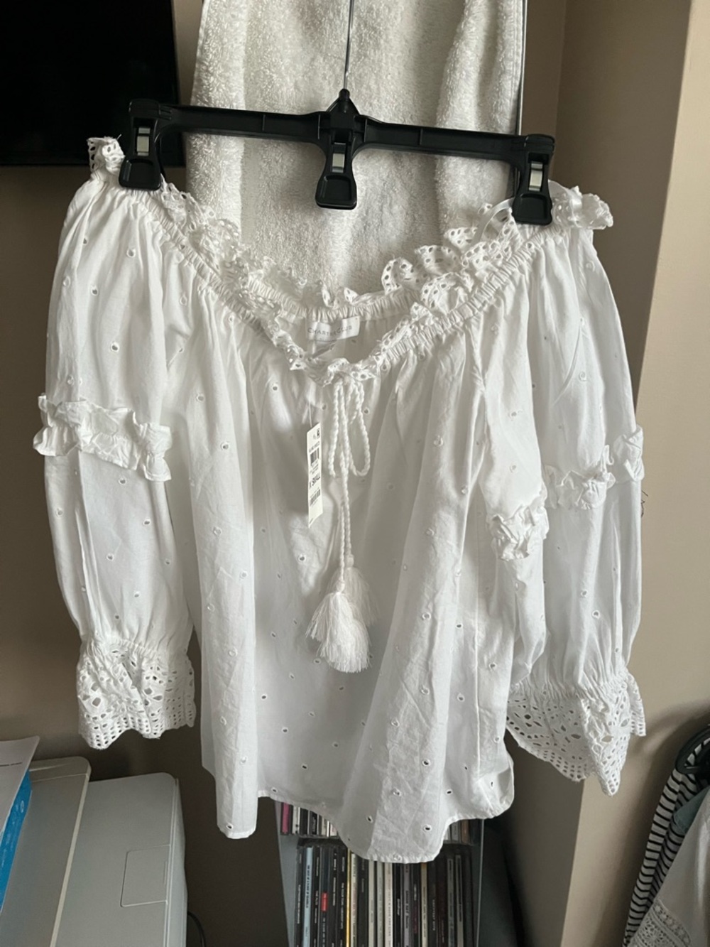 Charter Club White Eyelet Off-Shoulder Tassel Peasant Blouse
